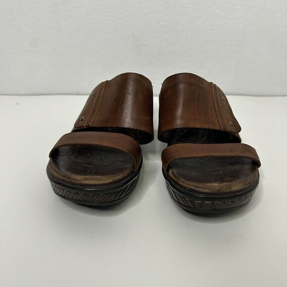 Born Brown Strappy Peep Toe Wedge Slip On Mules Sandals Size 8 EU 39 - Picture 3 of 8